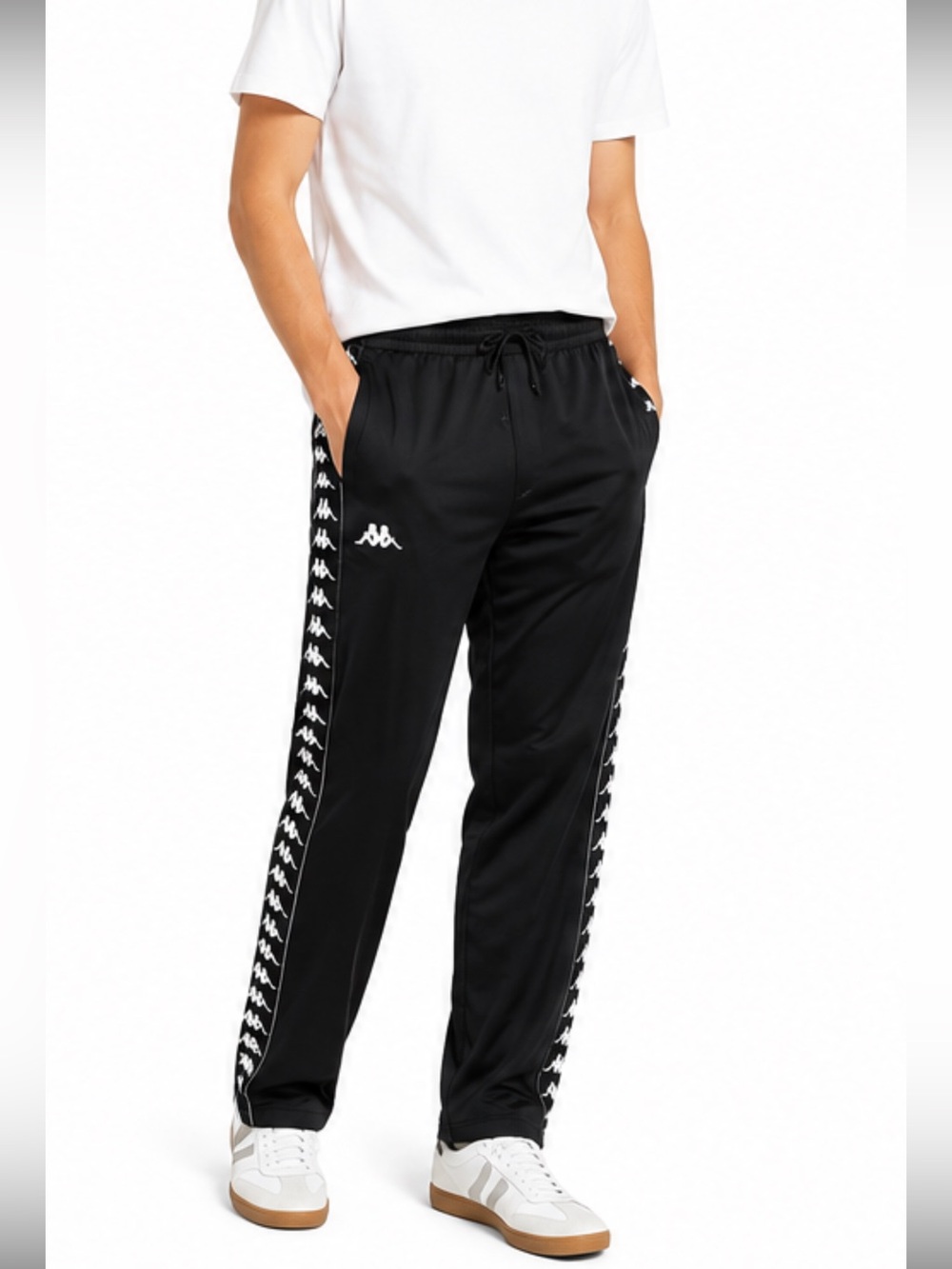 Kappa Men’s Small Black Logo Tape Track Pants Athletic Joggers Y2K Streetwear